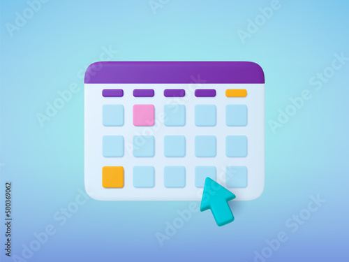 Calendar 3d icon, time management concept. Plasticine style illustration, monthly schedule or planning design. Digital vector element, click arrow