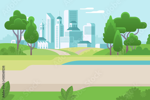 Beautiful summer or spring outdoors urban city park. Panoramic cityscape concept horizontal banner vector illustration
