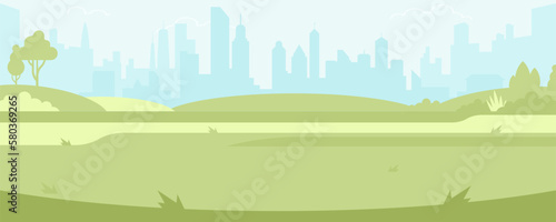 Beautiful summer or spring outdoors urban city park. Panoramic cityscape concept horizontal banner vector illustration