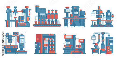 Manufacturing automation technology. Machines used in production in various types of industry. Industrial electric tools, machine hydraulic equipment. Flat vector illustration.