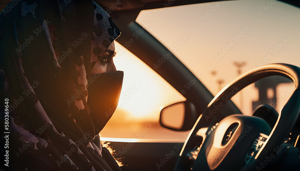 Arabic Muslim women driving car. Islam female is driver, sunset light