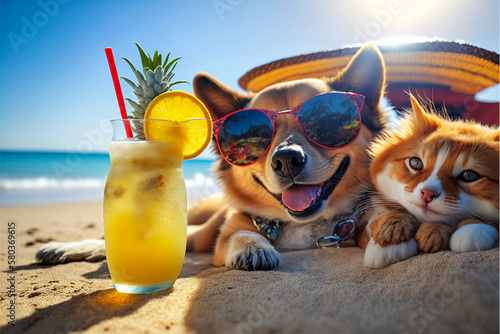 Cheerful dog with a cat on the sea beach with a cocktail, summer vacation, created with ai photo
