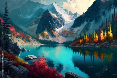 Majestic Mountain Landscape with Clear Lake and Colorful Foliage