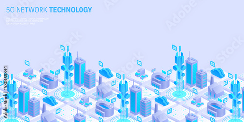 5g network technology concept. Wireless mobile telecommunication service. City buildings with telecommunication towers. Marketing website landing template. Isometric vector illustration.
