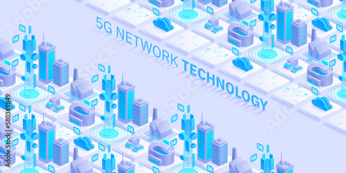 5g network technology concept. Wireless mobile telecommunication service. City buildings with telecommunication towers. Marketing website landing template. Isometric vector illustration. photo