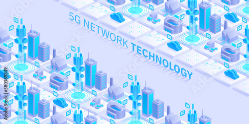 5g network technology concept. Wireless mobile telecommunication service. City buildings with telecommunication towers. Marketing website landing template. Isometric vector illustration.
