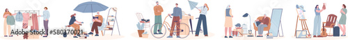 Flea market, retail designer bazaar scenes. Garage sale, people selling good used item, books and furniture, stylish clothes. Second hand kicky vector concept