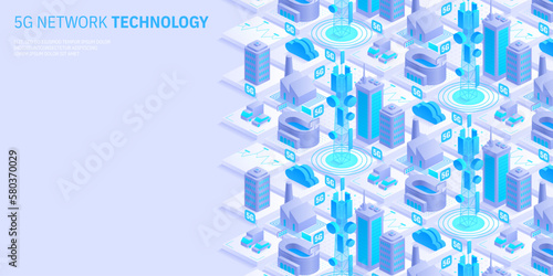 5g network technology concept. Wireless mobile telecommunication service. City buildings with telecommunication towers. Marketing website landing template. Isometric vector illustration.