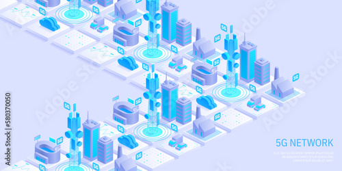 5g network technology concept. Wireless mobile telecommunication service. City buildings with telecommunication towers. Marketing website landing template. Isometric vector illustration.