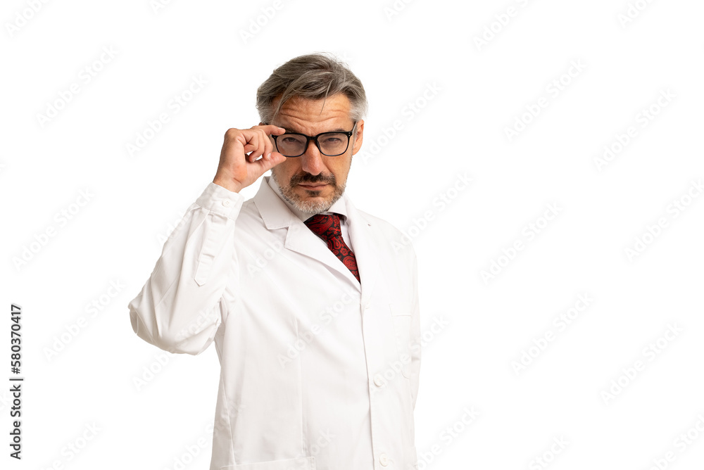 Portrait of senior doctor posing and looking at camera, healthcare and medicine. isolated on white background. Portrait of senior doctor posing and looking at camera, healthcare and medicine. isolated on white background.
