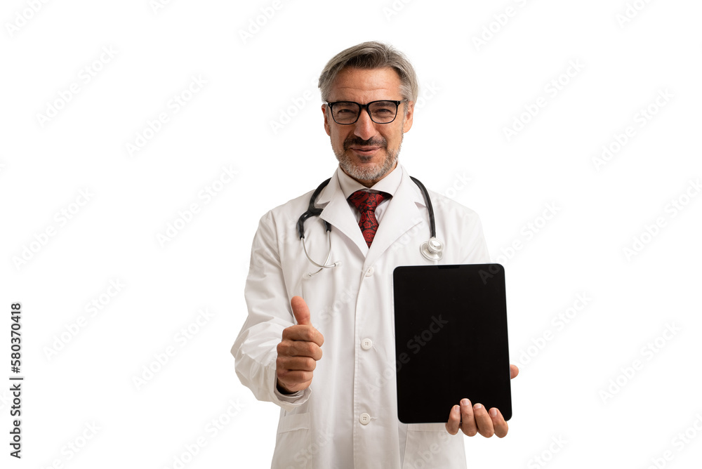 Portrait of senior doctor in doctor coat wearing stethoscope and eye glasses, Showing thumbs up and Digital Tablet Blank Screen. isolated on white background. Portrait of senior doctor in doctor coat wearing stethoscope and eye glasses, Showing thumbs up and Digital Tablet Blank Screen. isolated on white background.