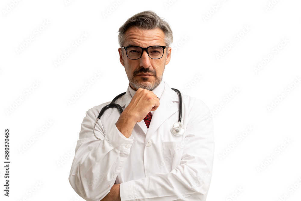 Portrait of senior doctor posing and looking at camera, healthcare and medicine. isolated on white background. Portrait of senior doctor posing and looking at camera, healthcare and medicine. isolated on white background.