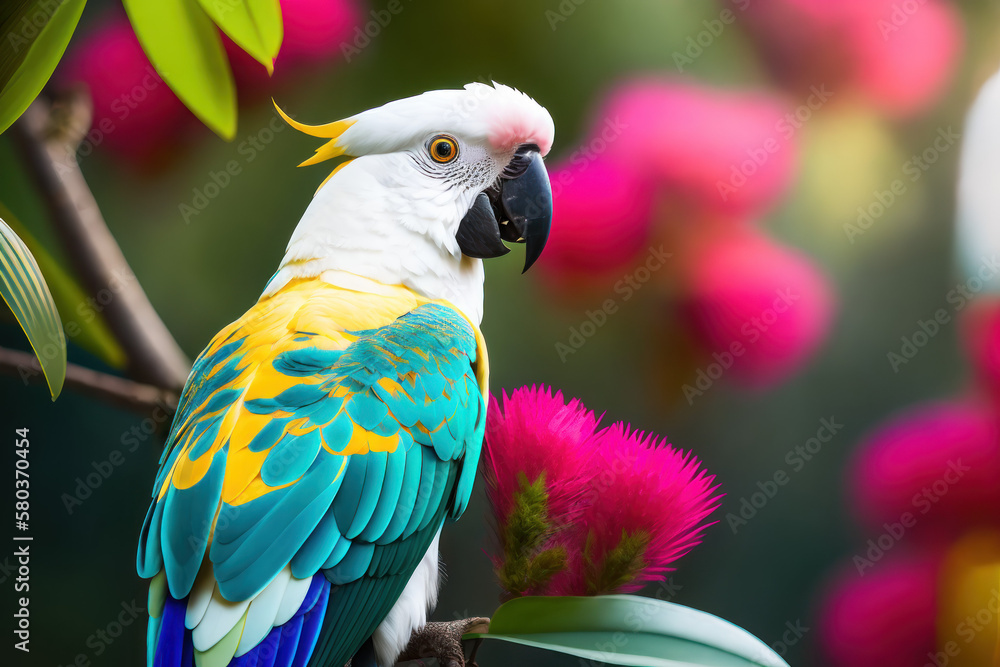 Cockatoo parrot in the treetops in a tropical rainforest. Comforting atmosphere Sunlight lighting.Romantic atmosphere, bright flowers and leaves, exotic plants, vines. Generative AI Cockatoo parrot in the treetops in a tropical rainforest. Comforting atmosphere Sunlight lighting.Romantic atmosphere, bright flowers and leaves, exotic plants, vines. Generative AI