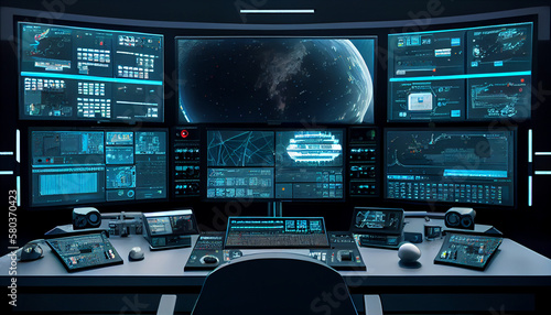 High-Tech Control Room with Multiple Monitors and a Futuristic Interface