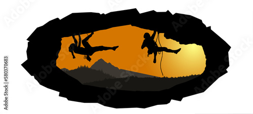 Climb climbers adventure hobby vector illustration for logo - Black silhouette of a climber woman and man on a cliff rock with mountains landscape and sunset sunrise as a background