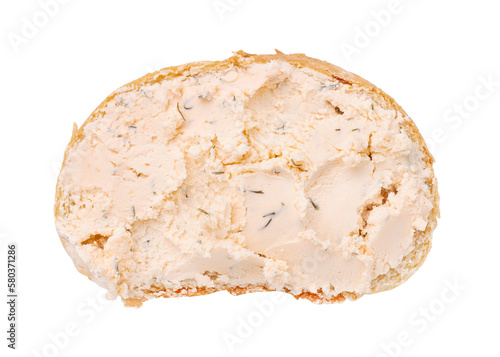 Cottage cheese sandwich isolated on white background. Sandwich, top view. Curd cheese with herbs.