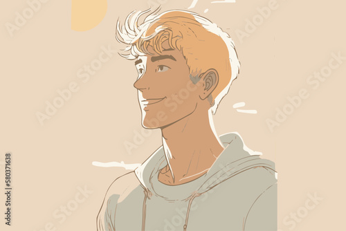 Happy man. Cheerful young guy. Vector illustration of cartoon boy smiling and cheering.  Positive flat worked. Human emotions. Hopeful teen. Comic drawing of sucessful character. Enthusiastic man. photo