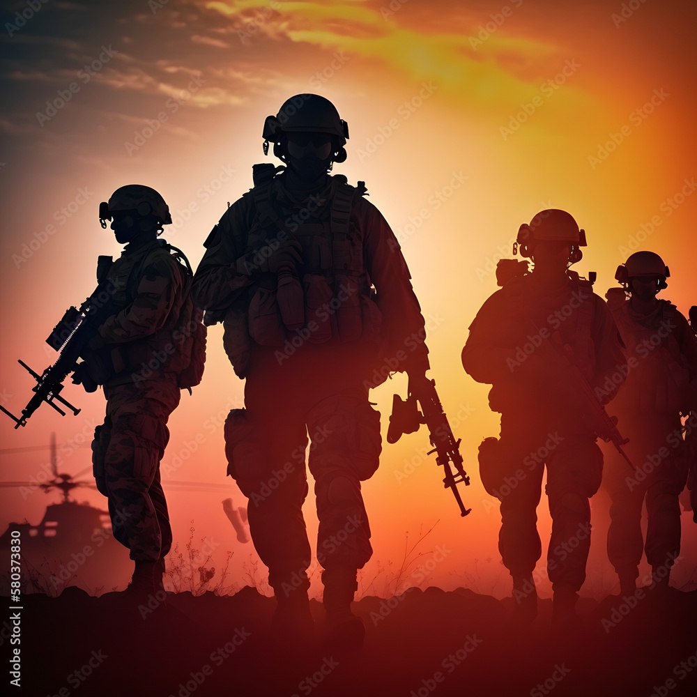 Military silhouettes on sunset sky background Military silhouettes on sunset sky background