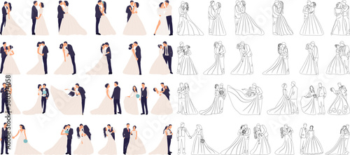 set of bride and groom collection wedding isolated, vector