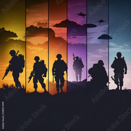 Military silhouettes on sunset sky background banner collage