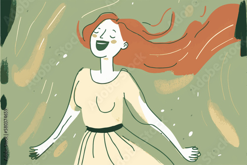 Happy woman. Young lady laughing. Cheerful vector illustration of positive person. Cartoon drawing of smiling women. Enjoying life. Positivity and success. Woman singing and having fun. Funny painting