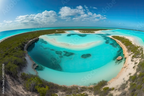 Aerial panorama of Dean's Blue Hole, Long Island, Bahamas, with its connected lagoon and lovely beach with turquoise water. Generative AI