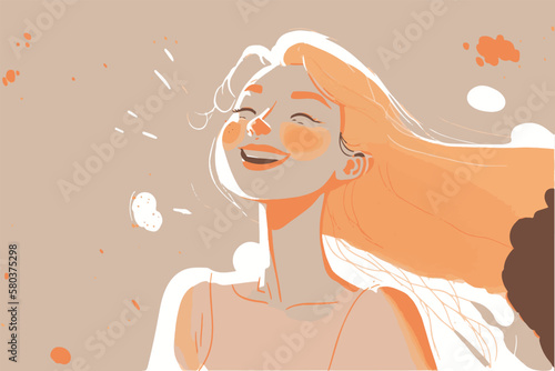 Happy woman. Young lady laughing. Cheerful vector illustration of positive person. Cartoon drawing of smiling women. Enjoying life. Positivity and success. Woman singing and having fun. Funny painting