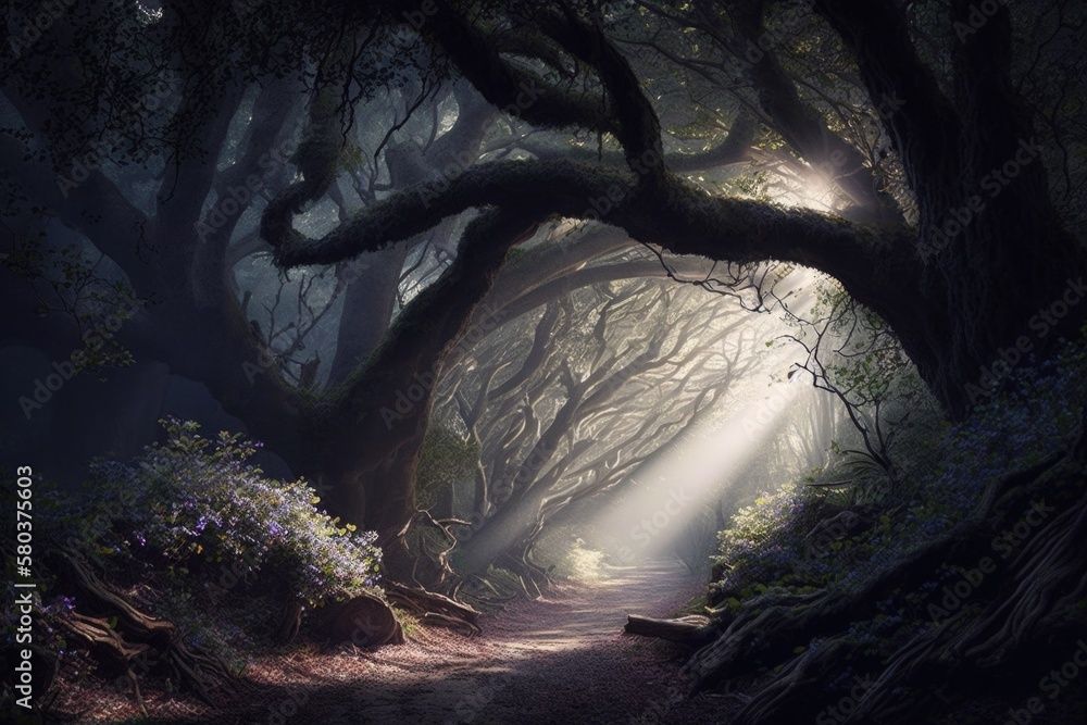 Enchanted Forest: A Dark Bloomcore Fantasy with Radiant God Rays Stock ...