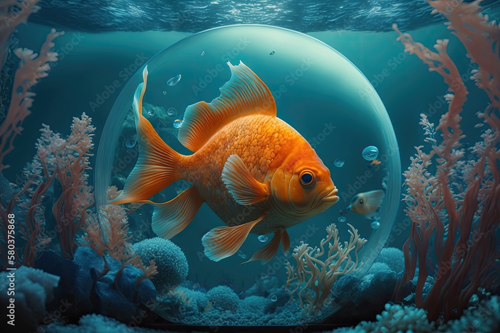 An aquarium with orange fish in it is blue. Generative AI An aquarium with orange fish in it is blue. Generative AI