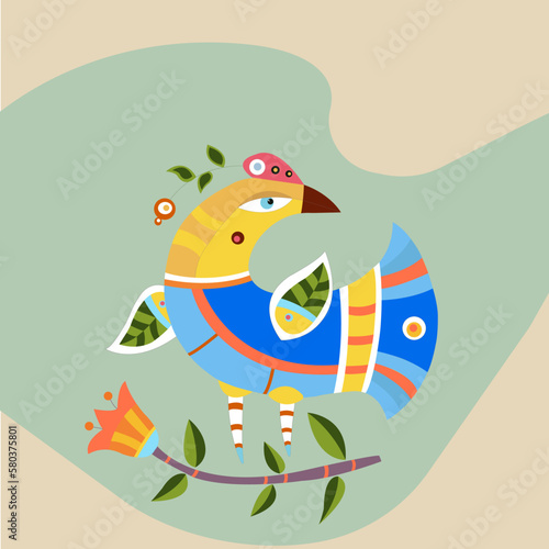 Fabulous firebird on a green background as an option for a postcard