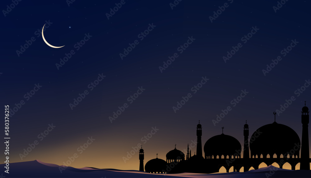 Islamic card with Mosques dome,Crescent moon on blue sky background,Vertical banner Ramadan Night with twilight dusk sky for Islamic religion,Eid al Adha,Eid Mubarak,Eid al fitr,Ramadan Kareem