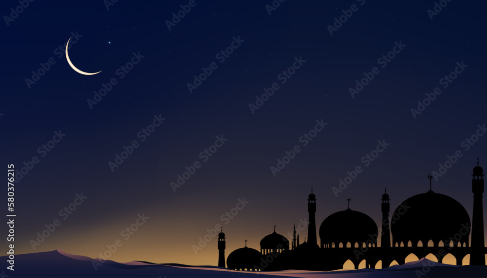 Obraz premium Islamic card with Mosques dome,Crescent moon on blue sky background,Vertical banner Ramadan Night with twilight dusk sky for Islamic religion,Eid al Adha,Eid Mubarak,Eid al fitr,Ramadan Kareem