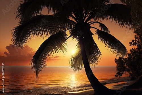 At sunset, a seaside coconut palm tree. Generative AI