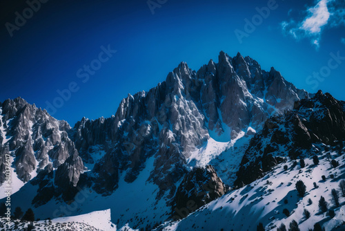 A majestic mountain range covered in snow with clear blue skies above. The peaks stand tall and sharp against the backdrop of the sky.