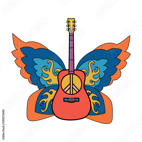 Bright cool cartoon colored guitar with wings and patterns on wings - 60s-70s hippie style. Print.social networks, design. Vintage vector illustration isolated on white background.