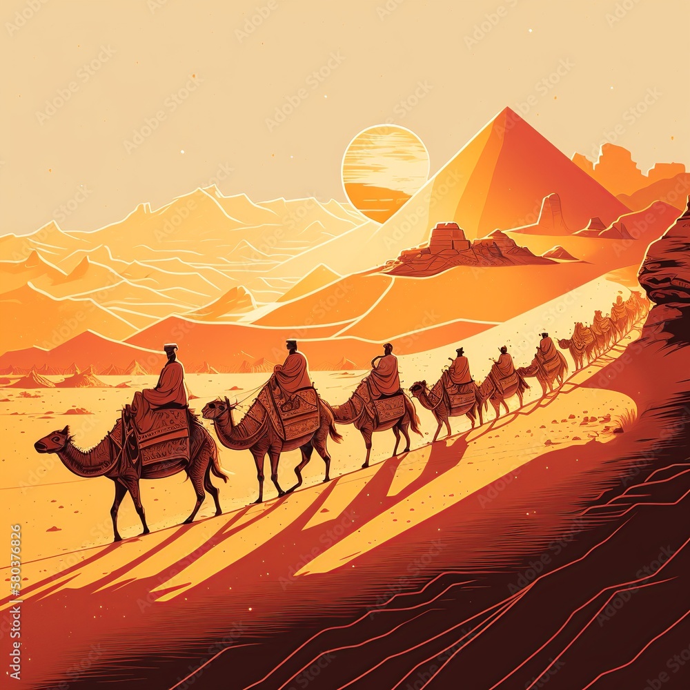Caravana de camelos caminhando por um deserto arenoso, pôr do sol ao fundo, cores quentes e terrosas. Generative AI - obrazy, fototapety, plakaty 