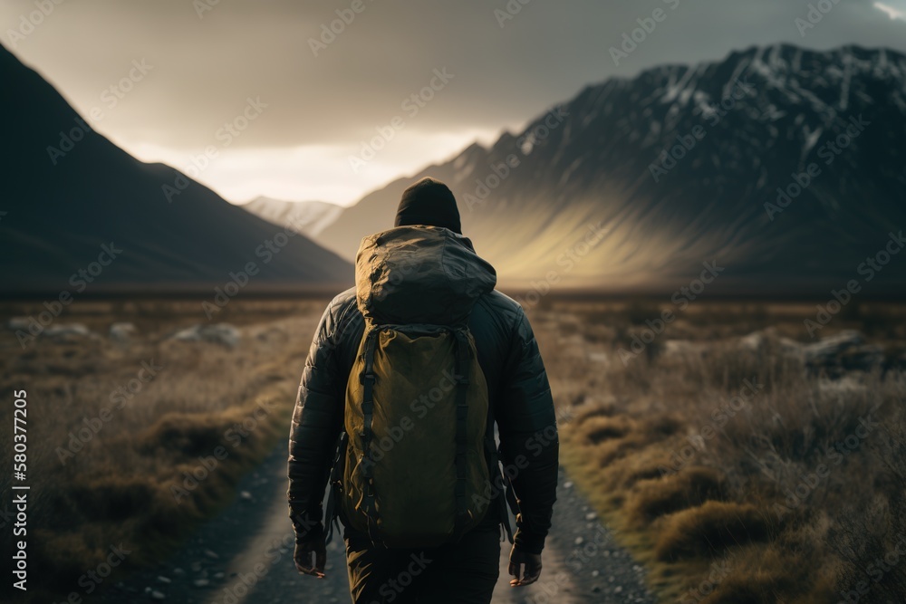 Hiker walking down a road in nature. Cinematic Look. Generative AI.