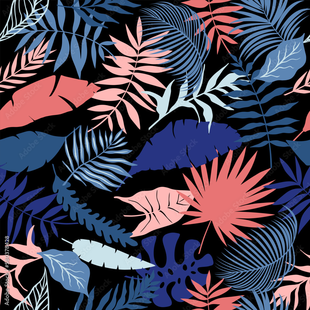 Naklejka premium Bright tropical leaves vector. Seamless palm leaves on black background.