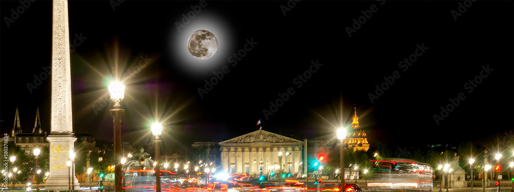 Place de la Concorde and  Obelisk of Luxor at Night (with the moon), Paris, France