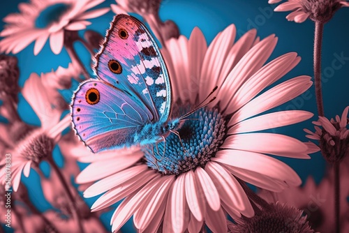 Butterfly and daisy blossom in y2k fashion. an image with the colors pink and blue. Generative AI