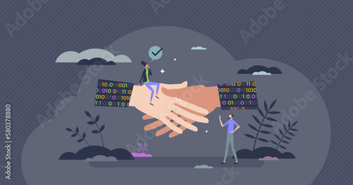 Tech regulation or legal technological policy agreement tiny person concept. Digital binary process legislation with EU law implementation vector illustration. Data procedure for collaboration pact.