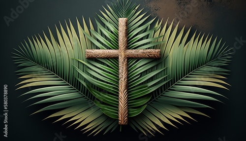 ﻿ with AI generationWorshipers gather with palms crossed and palm leaves on Palm Sunday, ushering in Easter Day festivities AI generation photo
