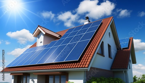 ﻿A house roof with solar panels against a blue sky backdrop AI generation photo