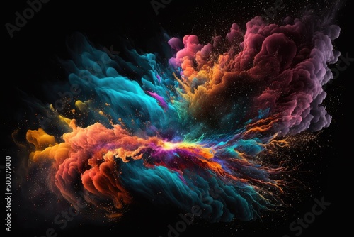 Black background with multicolored fractal nebula dust. Generative AI © AkuAku