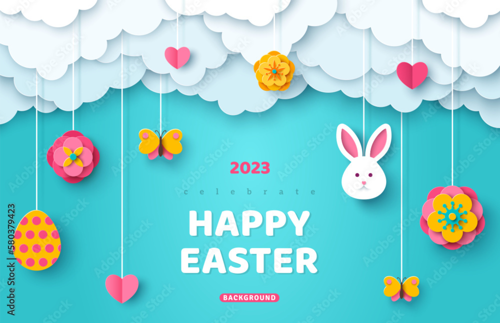 Happy Easter day sale header or voucher template with hanging hearts, flowers, bunny rabbit and egg. Poster banner with blue sky and paper cut clouds. Place for text. - obrazy, fototapety, plakaty 