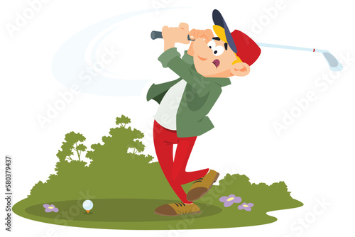 Funny golf player hits ball. Illustration for internet and mobile website.