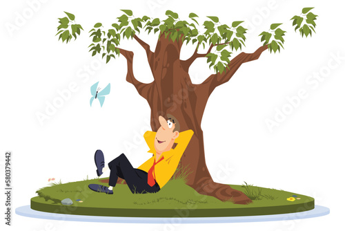 Man is resting under tree. Illustration for internet and mobile website.