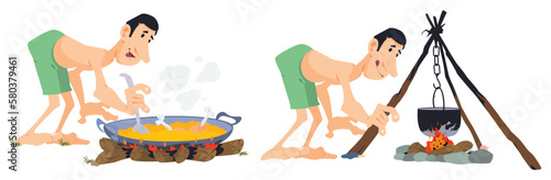 Summer camping. Man cooking food in nature. Illustration for internet and mobile website.