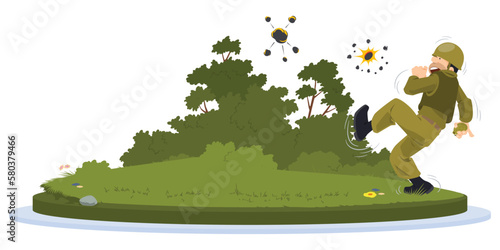 Soldier throws grenade during fight. Illustration for internet and mobile website.