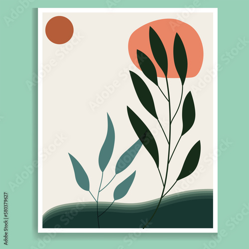 Vector colors botanical wall art foliage line art hand drawing with abstract plant and flower art card template banner background, Design Element, Abstract Backgrounds Collection.